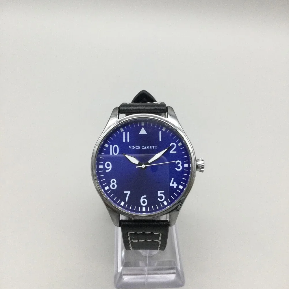 Vince Camuto Mens Watch 42mm Blue Dial Black Leather Stainless New Battery
